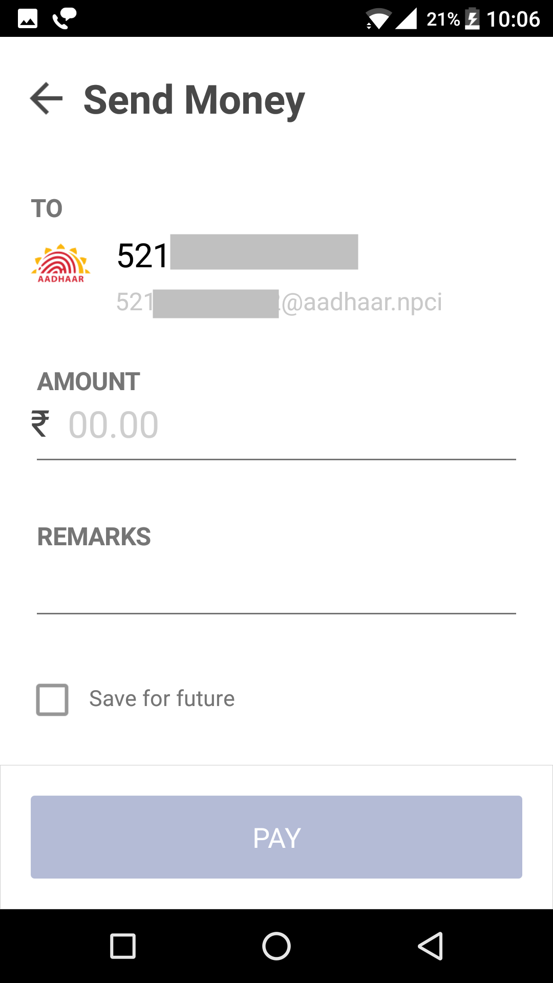 send money using aadhaar number